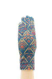 Fine Chenille Gloves With Geometric Pattern - Blue