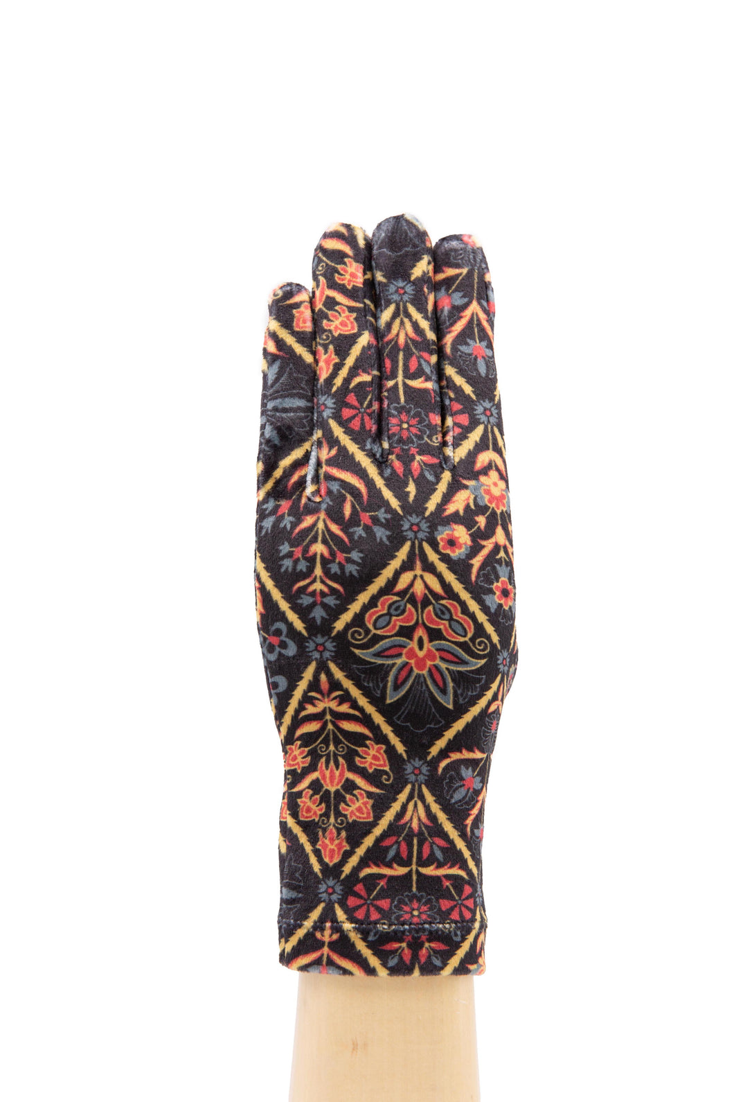 Fine Chenille Gloves With Geometric Pattern - Black